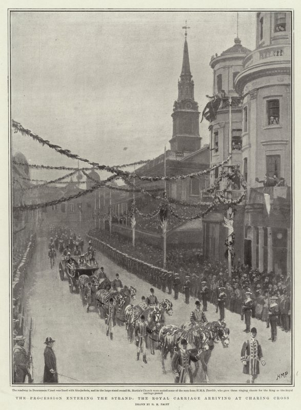 Processionen går in i Stranden, den kungliga vagnen anländer till Charing Cross av Henry Marriott Paget