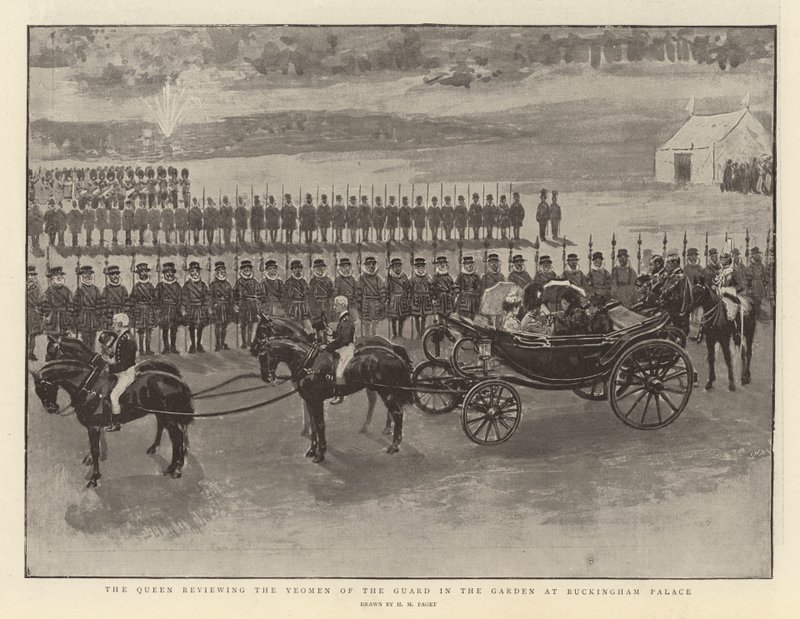 Drottningen granskar Yeomen of the Guard i trädgården på Buckingham Palace av Henry Marriott Paget