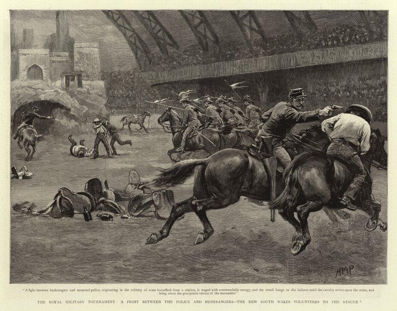 Den kungliga militärturneringen, en strid mellan polisen och bushrangers, New South Wales Volunteers till undsättning av Henry Marriott Paget