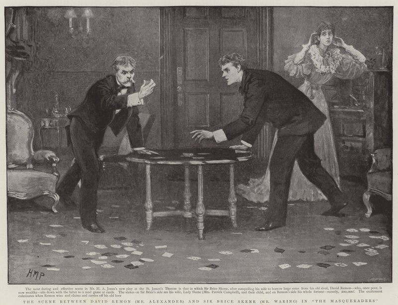 Scenen mellan David Remo och Sir Bruce Skene i Masqueraders av Henry Marriott Paget