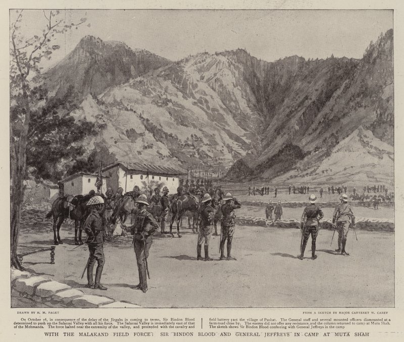 Med fältstyrkan i Malakand, Sir Bindon Blood och general Jeffreys i lägret vid Muta Shah. av Henry Marriott Paget