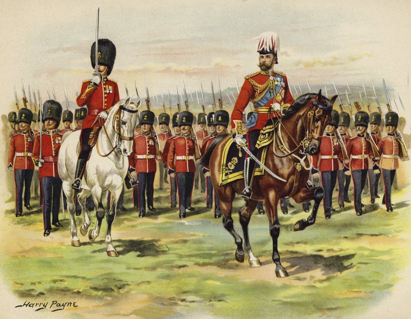 Kung George V som prins av Wales leder sitt regemente, Royal Fusiliers, vid Aldershot (chromolitho) av Henry Payne