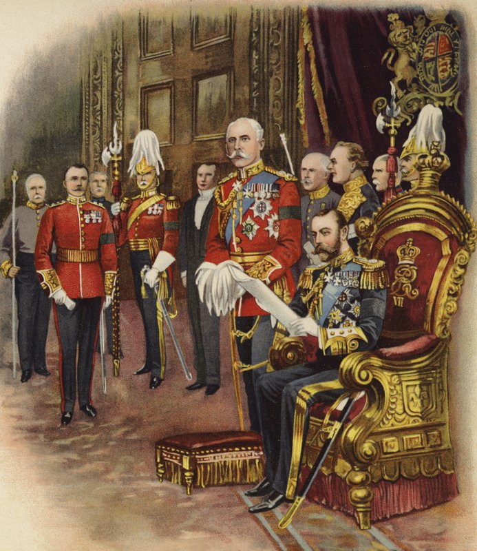 Kung George V håller sitt första hov, maj 1910 (kromolit) av Henry Payne