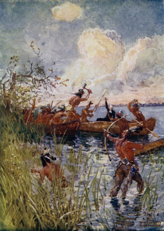 Irokeser attackerar den franske missionären Isaac Jogues och kristna konvertiter, 1642 av Henry Sandham
