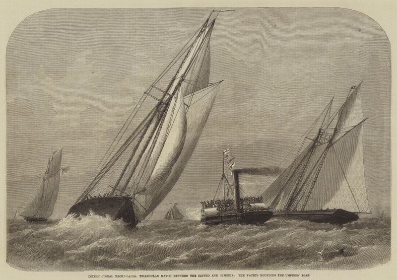 Internationella yachtraces, triangelmatch mellan Sappho och Cambria, yachter som rundar Umpires Boat av Henry Spernon Tozer