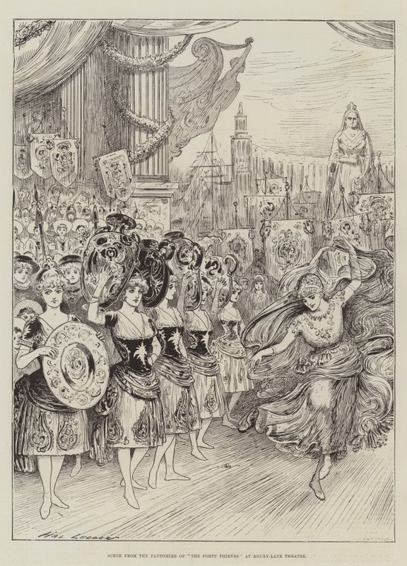 Scen från Pantomime of The Forty Thieves på Drury-Lane Theatre av Henry Stephen Ludlow