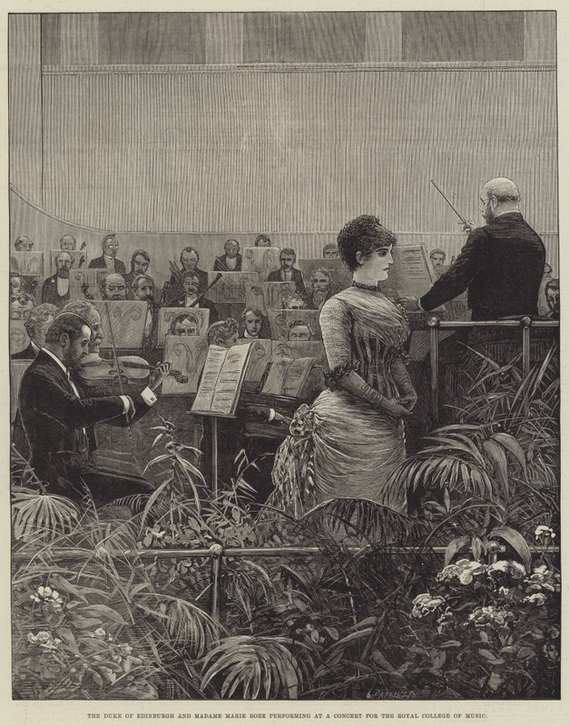 Hertigen av Edinburgh och Madame Marie Roze uppträder på en konsert för Royal College of Music av Henry Stephen Ludlow