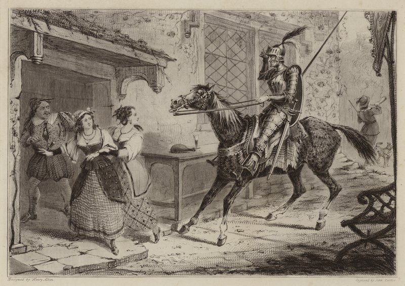 Riddaren (Don Quijote) anländer till värdshuset av Henry Thomas Alken