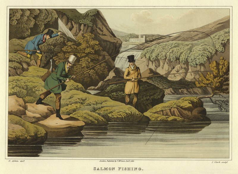 Laxfiske (chromolitho) av Henry Thomas Alken