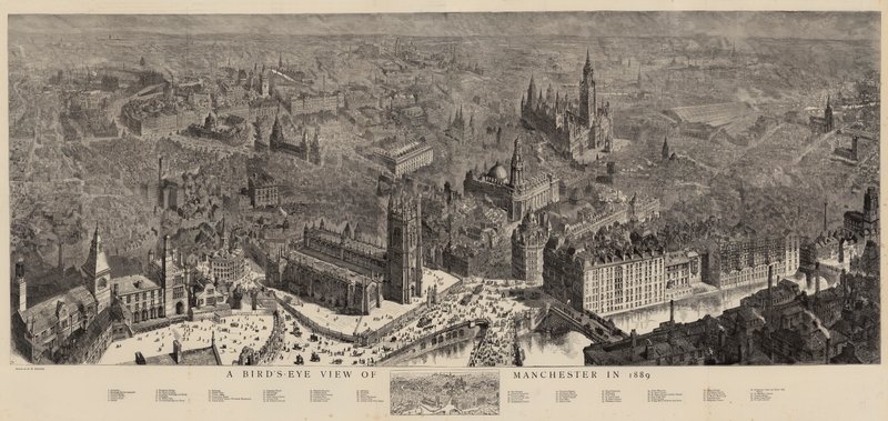Manchester i fågelperspektiv år 1889 av Henry William Brewer