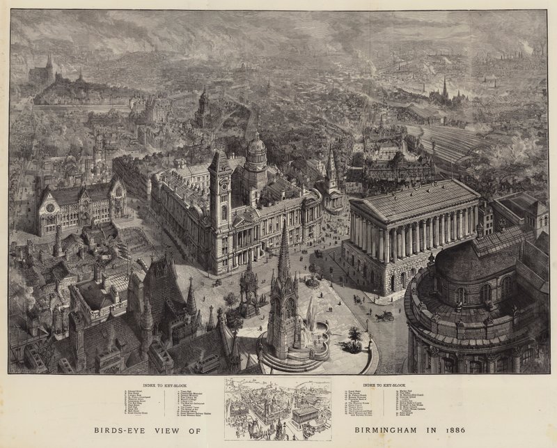 Birmingham i fågelperspektiv år 1886 av Henry William Brewer