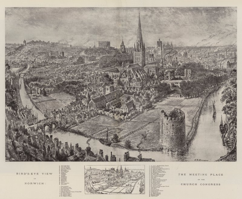Fågelperspektiv över Norwich, mötesplatsen för kyrkkongressen av Henry William Brewer