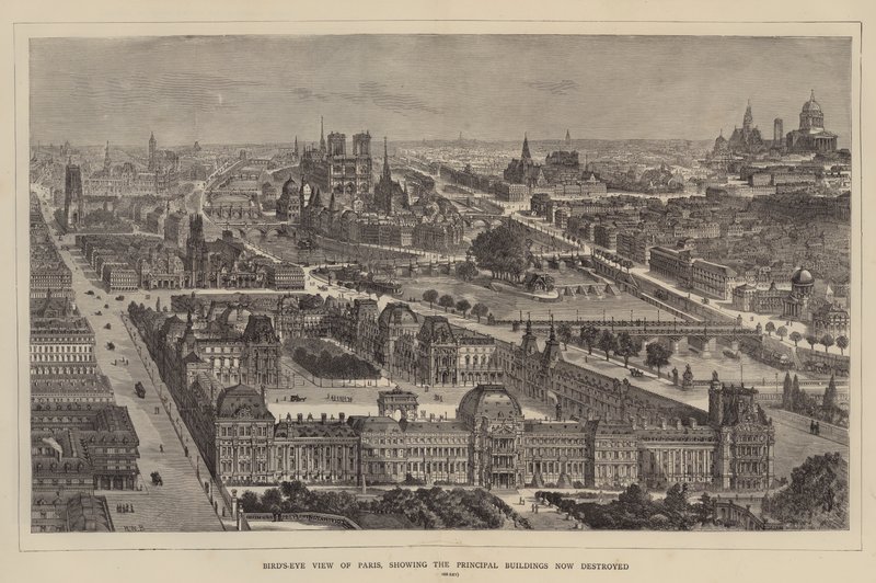 Fågelperspektiv över Paris, med de viktigaste byggnaderna som nu är förstörda. av Henry William Brewer