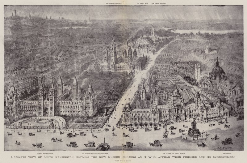 Fågelperspektiv över South Kensington som visar New Museum Building som den kommer att se ut när den är färdig och dess omgivningar av Henry William Brewer