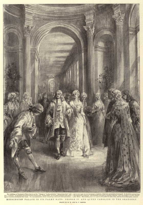 Kensington Palace i sina Palmy Days, George II och Queen Caroline i Orangeriet av Henry William Brewer