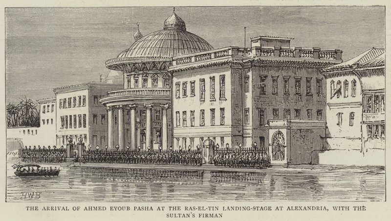 Ahmed Eyoub Pashas ankomst till Ras-el-Tin landningsstadiet i Alexandria, med sultanens firma av Henry William Brewer