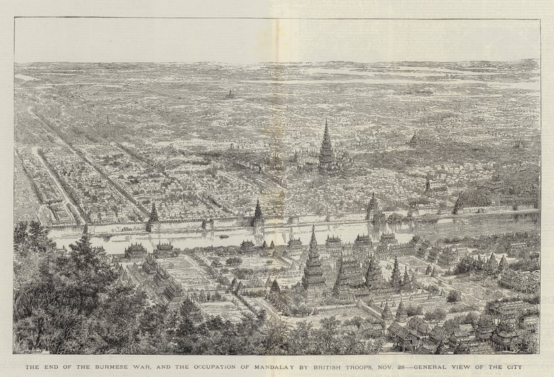 Slutet på det burmesiska kriget och ockupationen av Mandalay av brittiska trupper, 28 november, allmän utsikt över staden av Henry William Brewer