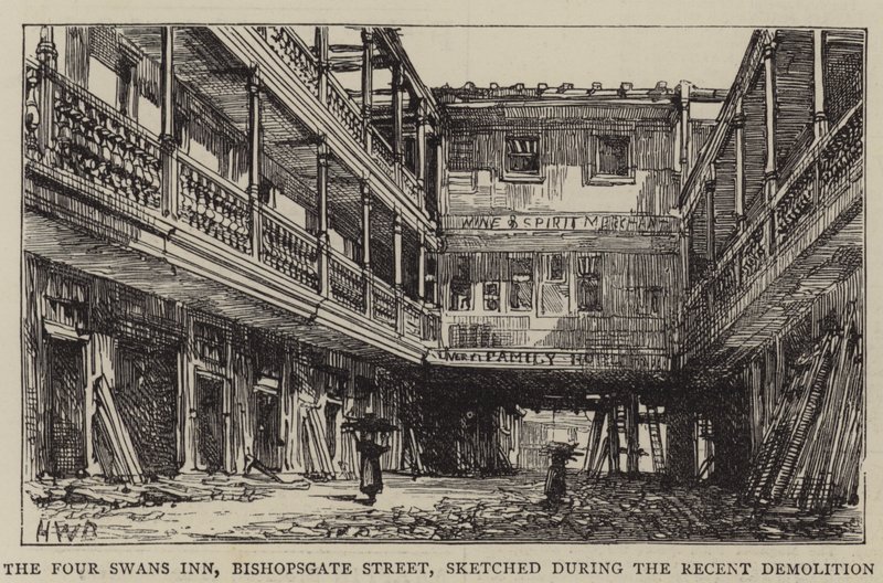 The Four Swans Inn, Bishopsgate Street, skissad under den senaste rivningen av Henry William Brewer