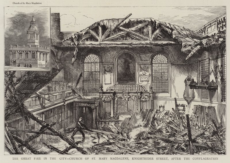 Den stora elden i staden, St Mary Magdalene-kyrkan, Knightrider Street, efter branden av Henry William Brewer