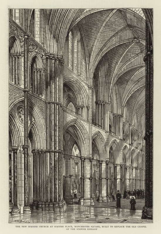 Den nya spanska kyrkan på Spanish Place, Manchester Square, byggd för att ersätta den spanska ambassadens gamla kapell av Henry William Brewer