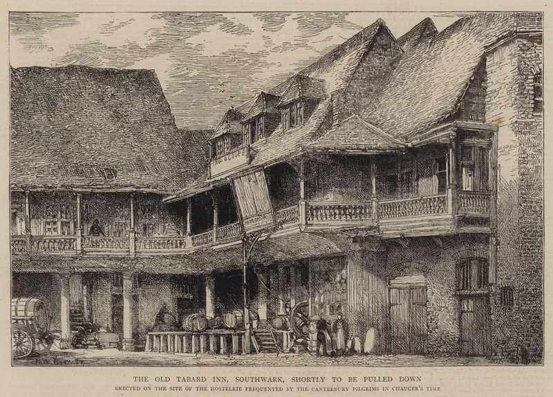 The Old Tabard Inn, Southwark, som snart ska rivas. av Henry William Brewer