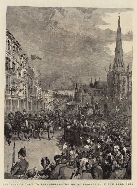 Drottningens besök i Birmingham, den kungliga processionen i tjurfäktningsarenan av Henry William Brewer