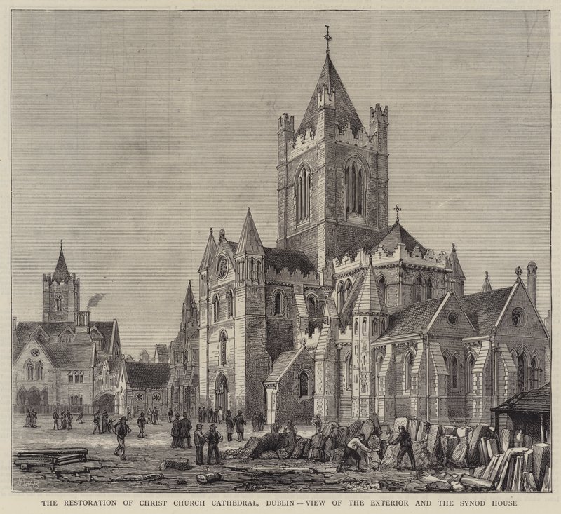 Restaureringen av Christ Church Cathedral, Dublin, utsikt över exteriören och synodhuset av Henry William Brewer