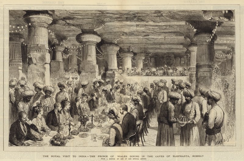 Det kungliga besöket i Indien, prinsen av Wales äter i Elephantas grottor, Bombay av Henry William Brewer
