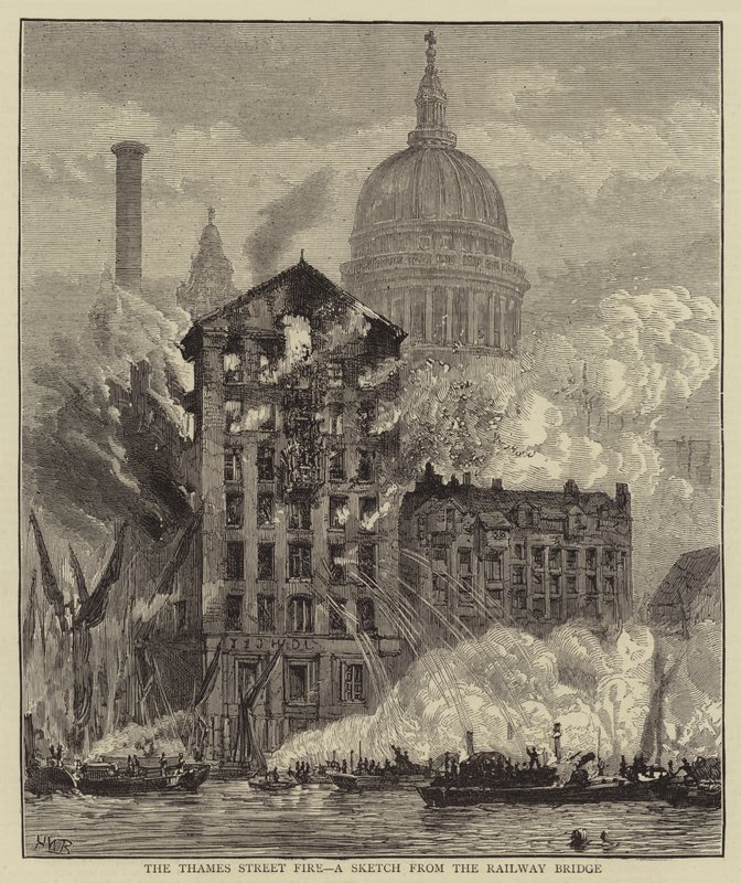 The Thames Street Fire, en skiss från järnvägsbron av Henry William Brewer
