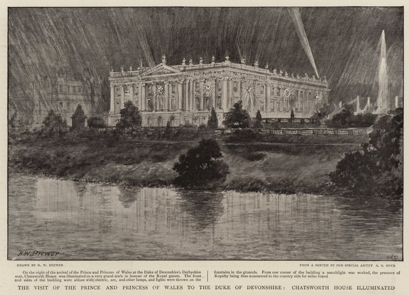 Besöket av prinsen och prinsessan av Wales hos hertigen av Devonshire, Chatsworth House belyst av Henry William Brewer