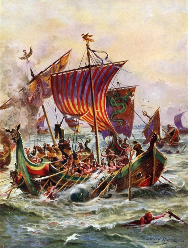 Kung Alfreds galärer attackerar vikingadrakskeppen, 897 (färg litho) av Henry Payne