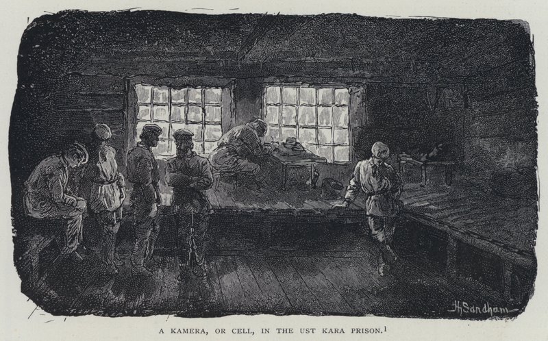 En kamera, eller cell, i Ust Kara-fängelset (litho) av Henry (after) Sandham