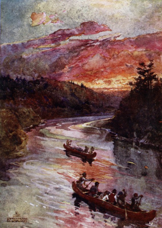 Kanoter på en nordamerikansk flod (färg litho) av Henry (after) Sandham