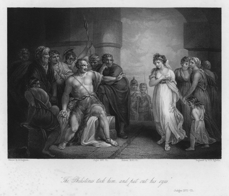 Simson och Delila, domare XVI, 21 (gravyr) av Henry (after) Singleton