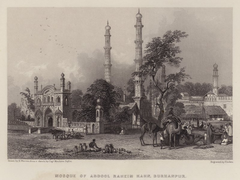 Abdul Rahim Khans moské, Burhanpur (färg litho) av Henry (after) Warren