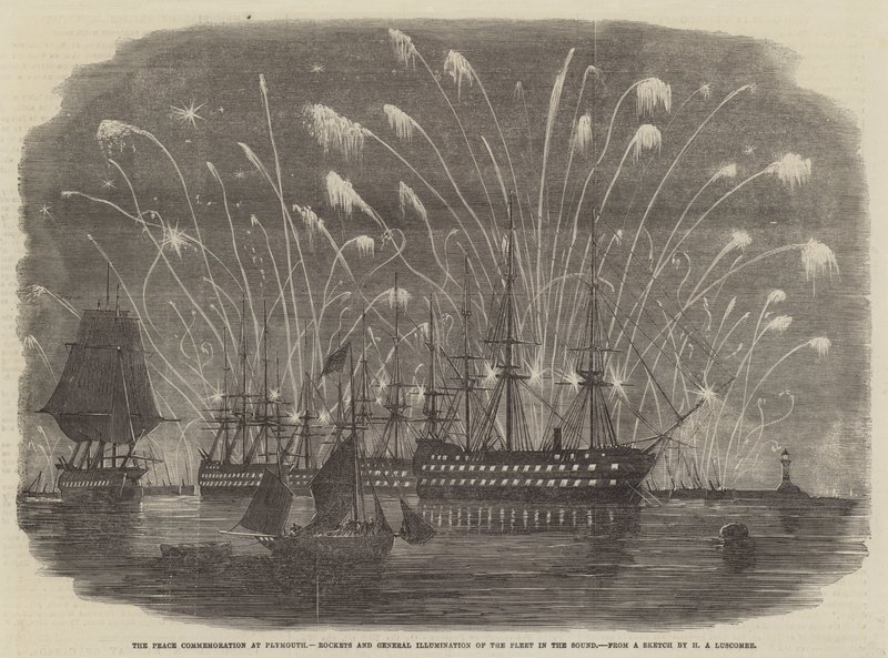 Fredsfirandet i Plymouth, raketer och allmän belysning av flottan i Öresund av Henry A. Luscombe