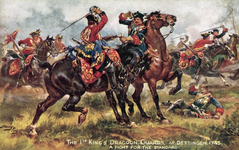 The Kings Horse, nu den 1:a (Kings) Dragoon Guards, Slaget vid Dettingen, juni 1743 av Henry A. Payne