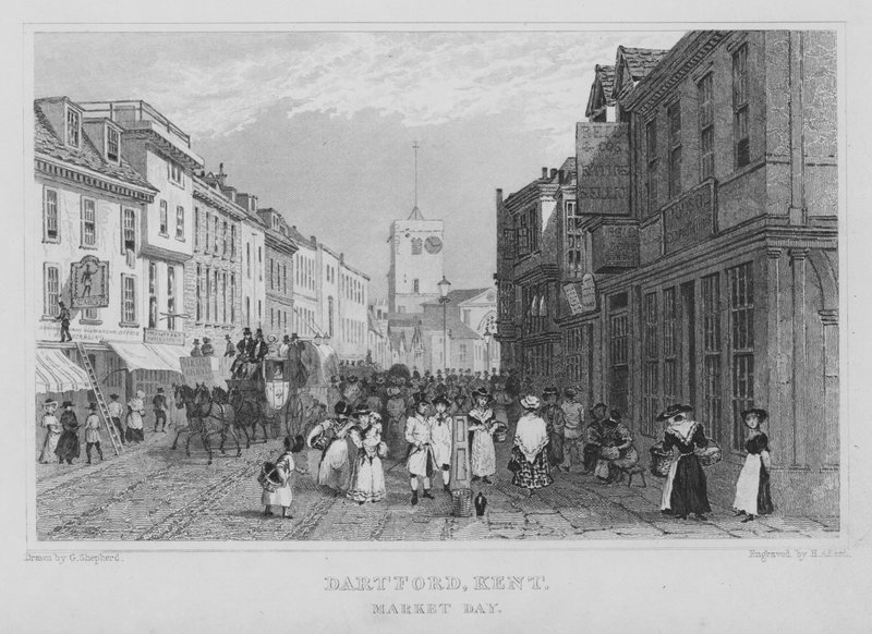 Marknadsdag, Dartford, Kent (gravyr) av Henry Adlard