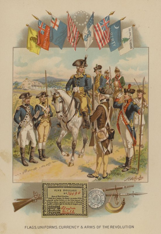 Flaggor, uniformer, valuta och vapen från den amerikanska revolutionen (chromolitho) av Henry Alexander (after) Ogden