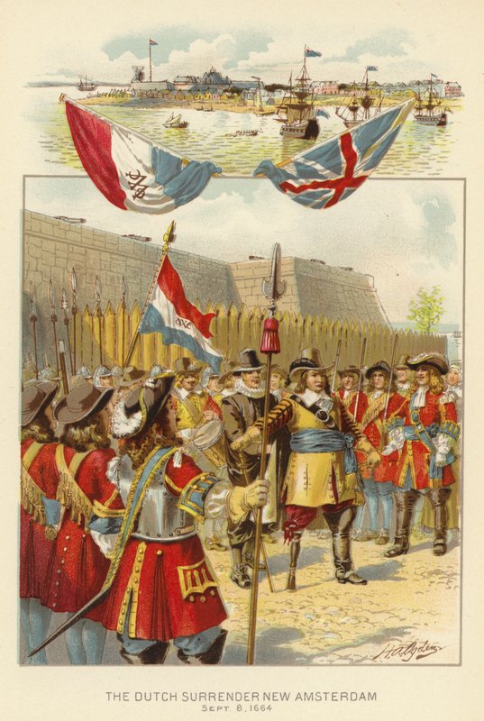 Den holländska kapitulationen New Amsterdam, 8 september 1664 (färg litho) av Henry Alexander (after) Ogden