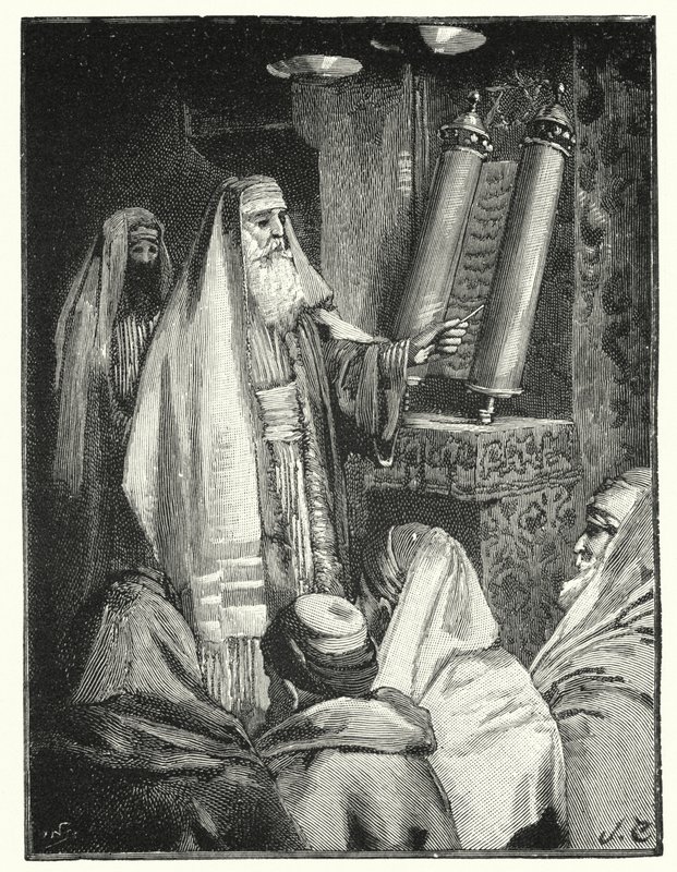 En rabbin läser lagens bokrulle (litho) av Henry Andrew Harper