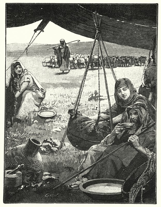 Tältliv i öst, kärnande mjölk (litho) av Henry Andrew Harper