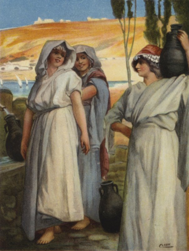 Kvinnor drar vatten vid en brunn (färg litho) av Henry Andrew Harper