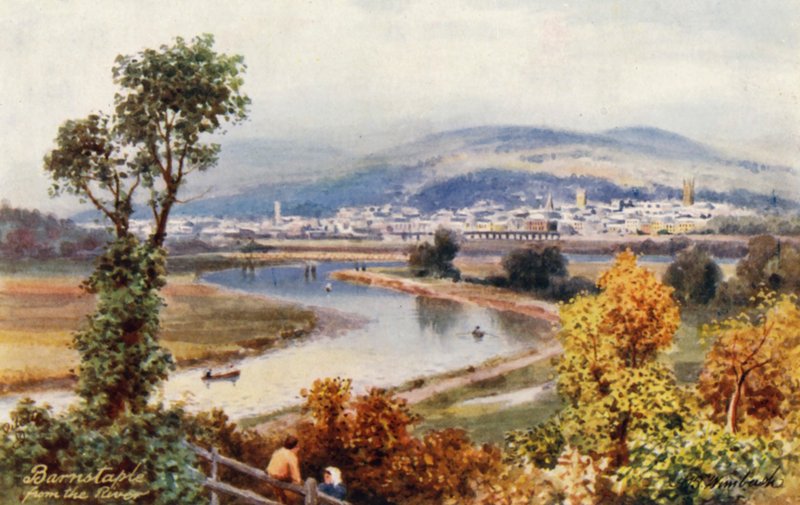 Barnstaple, från floden (färglitografi) av Henry B. (after) Wimbush