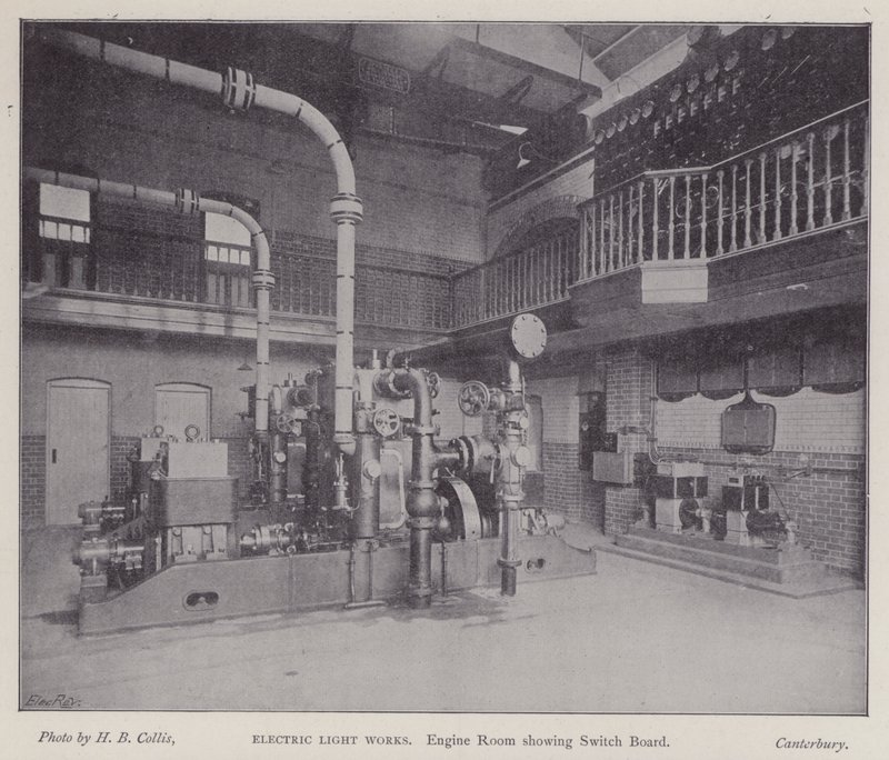 Maskinrum som visar växel, Electric Light Works, Canterbury, Kent (s/v foto) av Henry Beauchamp Collis