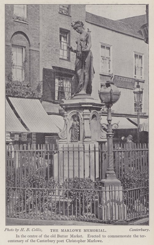 Minnesmärke över dramatikern och poeten Christopher Marlowe, Buttermarket, Canterbury, Kent (s/v foto) av Henry Beauchamp Collis