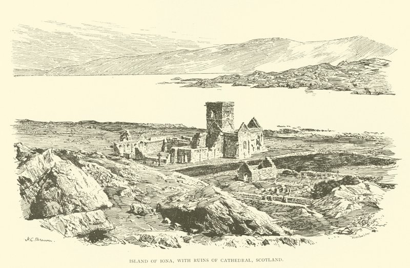 Ön Iona, med ruinerna av katedralen, Skottland (gravyr) av Henry Charles Brewer
