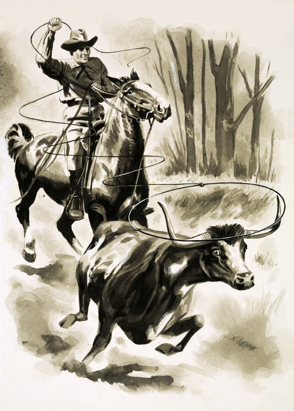 En cowboy repar en stut från hästryggen med ett lasso av Henry Charles Fox