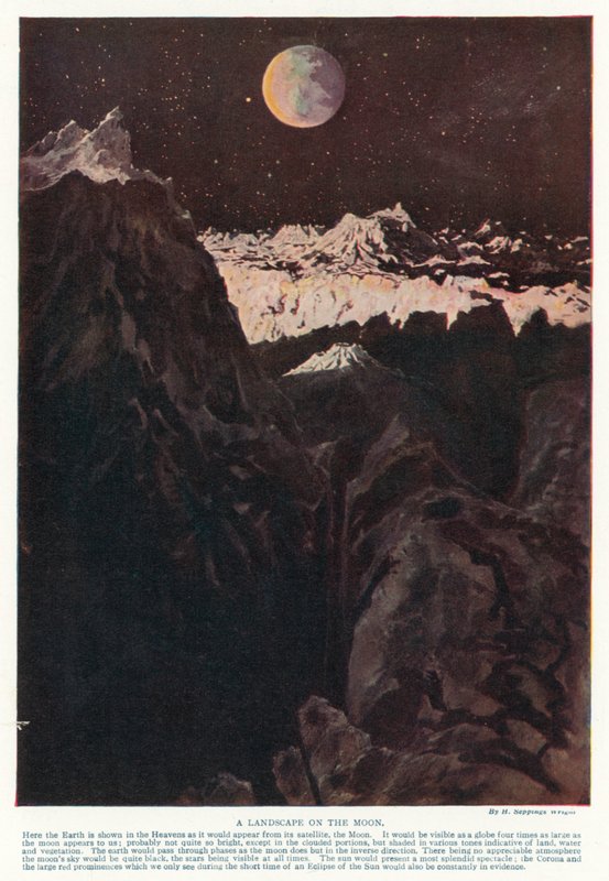 Ett landskap på månen (färg litho) av Henry Charles Seppings Wright