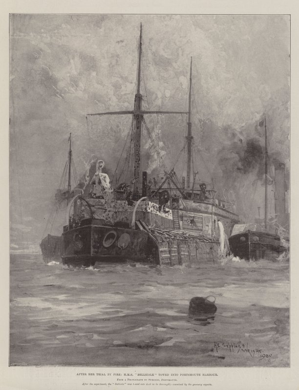 Efter sin eldprovning bogserades HMS Belleisle in i Portsmouths hamn. av Henry Charles Seppings Wright
